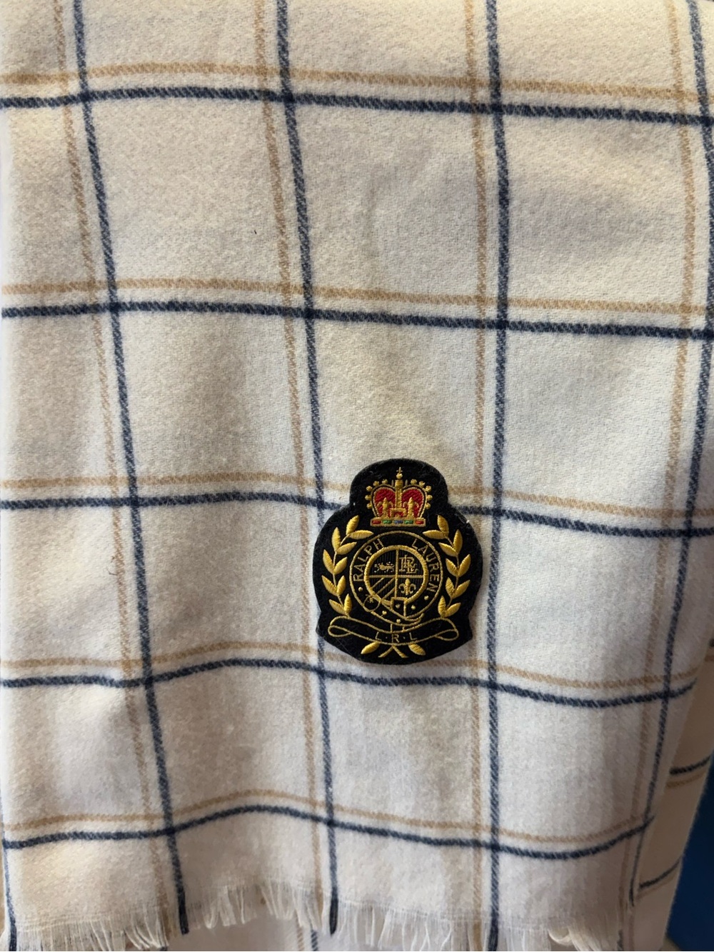 Ralph Lauren Cream Plaid Scarf with Navy and Tan Windowpane